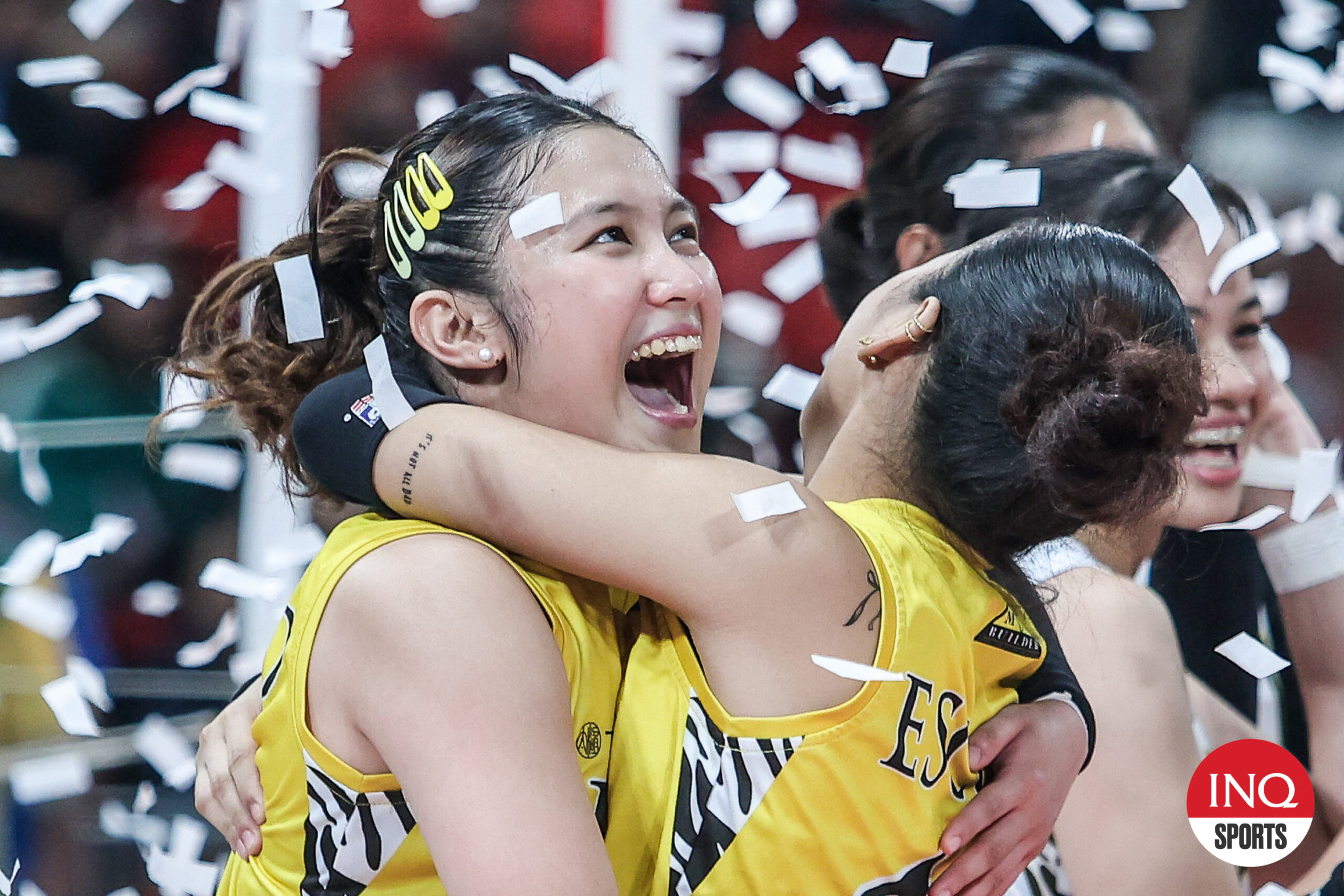 UST Tigresses celebrate their championship in the 2024 V-League Women’s Collegiate Challenge. They beat the FEU Lady Tamaraws in three games.