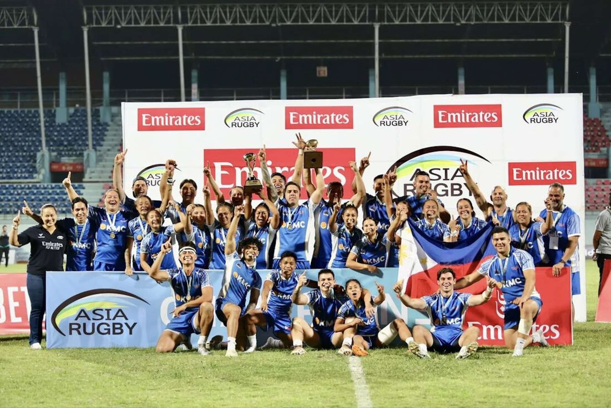  Members of the Philippine Volcanoes during the awarding ceremony of the Asia Rugby Emirates Sevens Trophy tournament in Kathmandu, Nepal on Sunday (Oct. 5, 2024). The Philippines men’s team defeated Chinese Taipei, 27-12, in the final, while the women's team secured the title after beating India, 7-5.