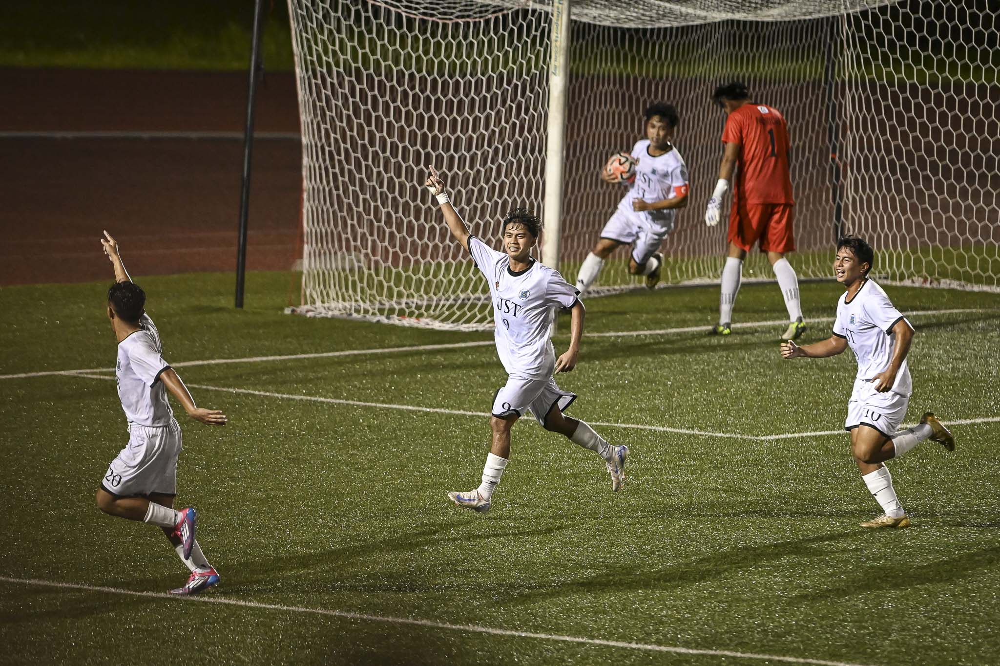 UST's Archie Belluga celebrates a goal during a UAAP Season 87 collegiate men's football tournament game.