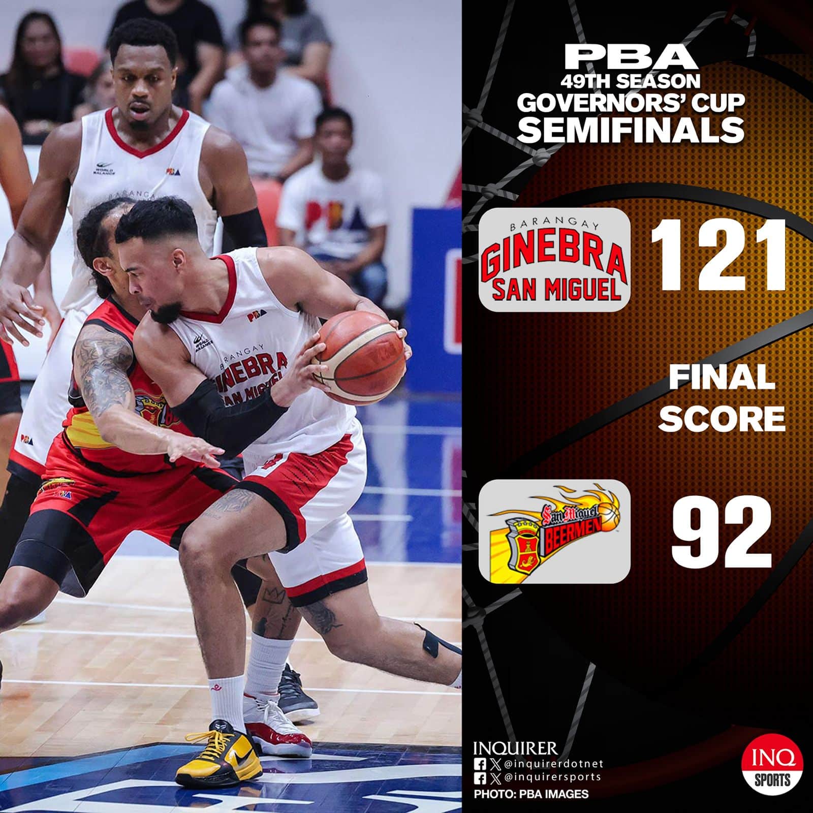 FINAL: Ginebra moves one win away from the PBA Governors’ Cup Finals after defeating San Miguel Beer in Game 5 of the semis, 121-92.