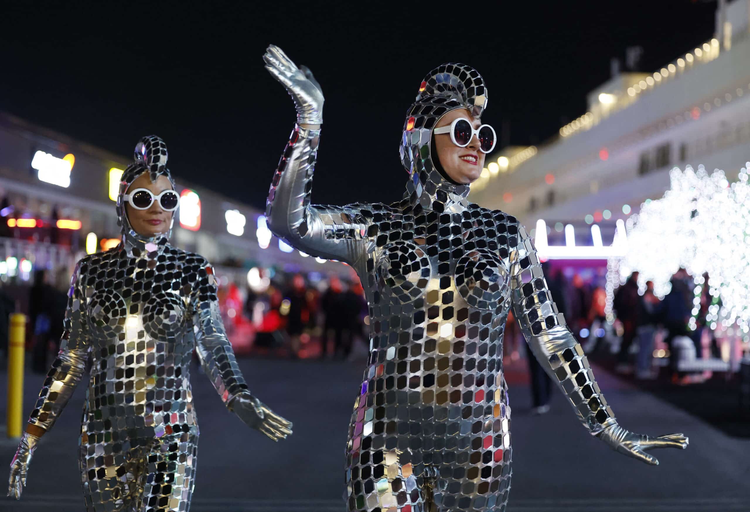 Formula One F1 - Las Vegas Grand Prix - Las Vegas Strip Circuit, Las Vegas, Nevada, United States - November 20, 2024 Performers are seen in the paddock ahead of the Las Vegas Grand Prix