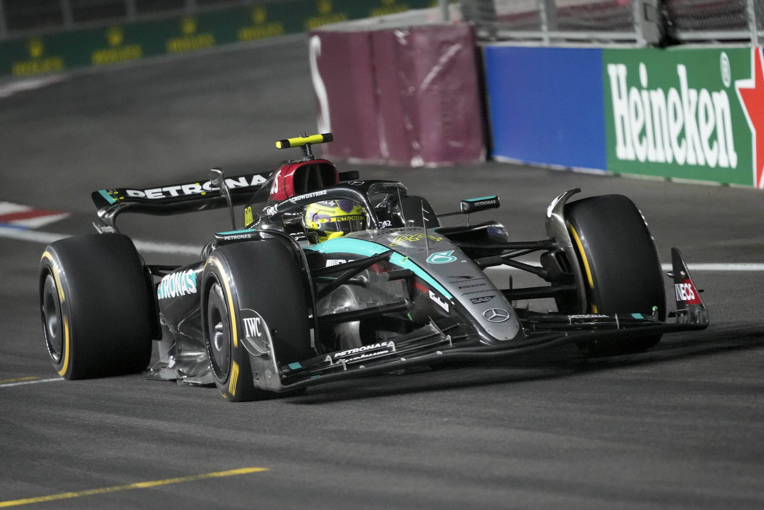 Mercedes driver Lewis Hamilton, of Britain, race during the F1 Las Vegas Grand Prix