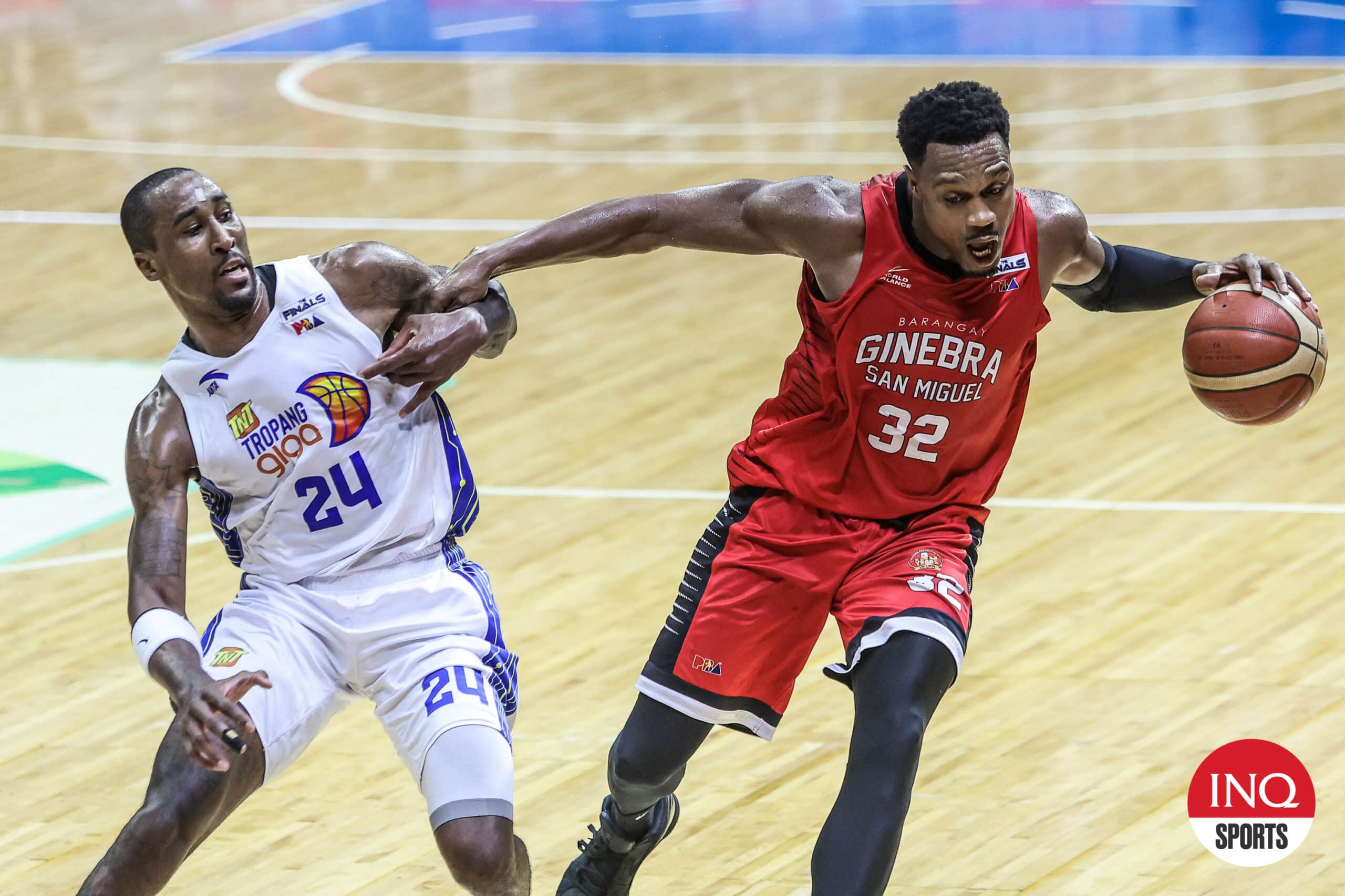 Rondae Hollis Jefferson and Justin Brownlee go at it during the PBA Governors' Cup Finals between Barangay Ginebra Gin Kings and TNT Tropang Giga