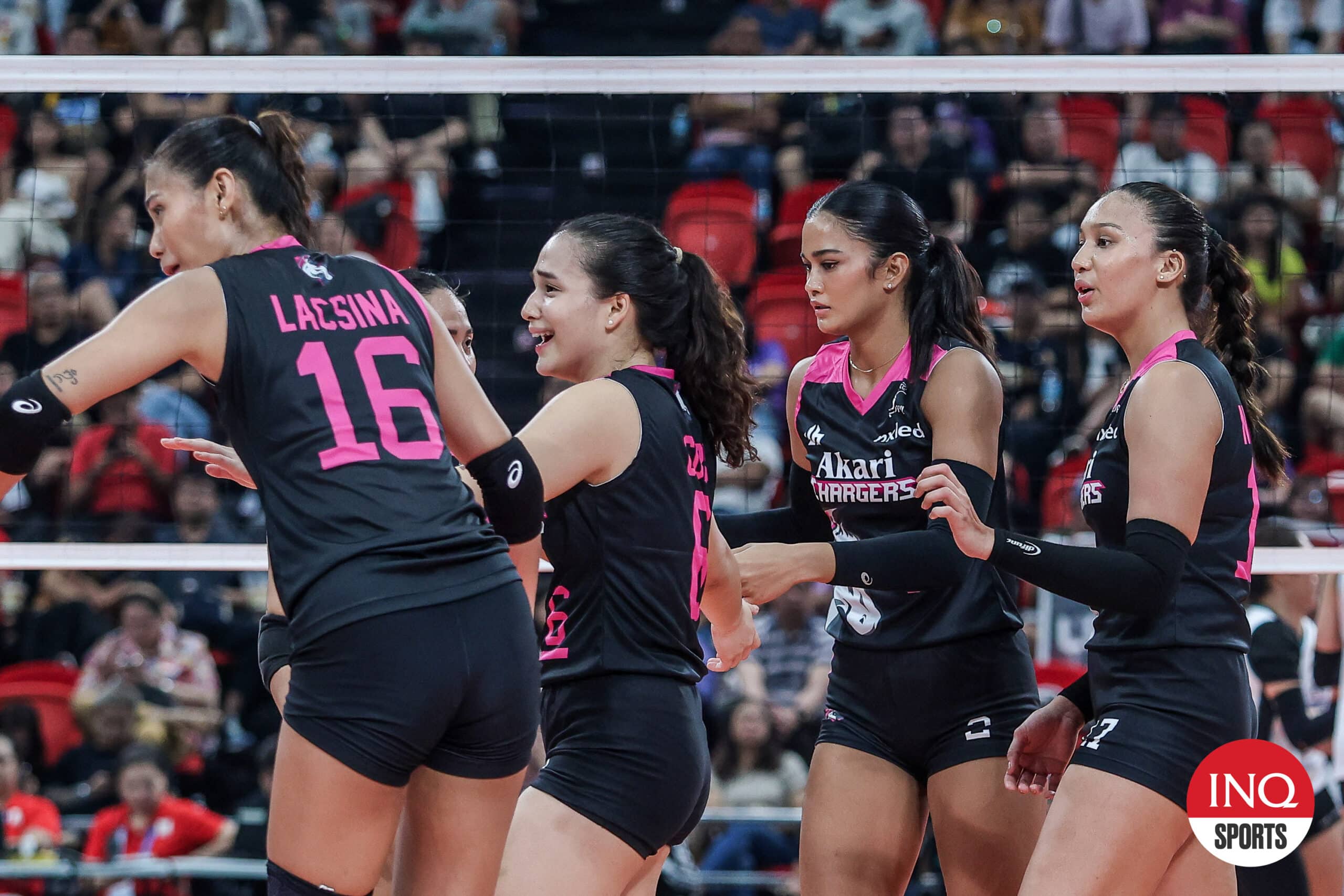 Akari Chargers' Ivy Lacsina, Michele Cobb, Fifi Sharma, Faith Nisperos during a PVL All-Filipino Conference game.