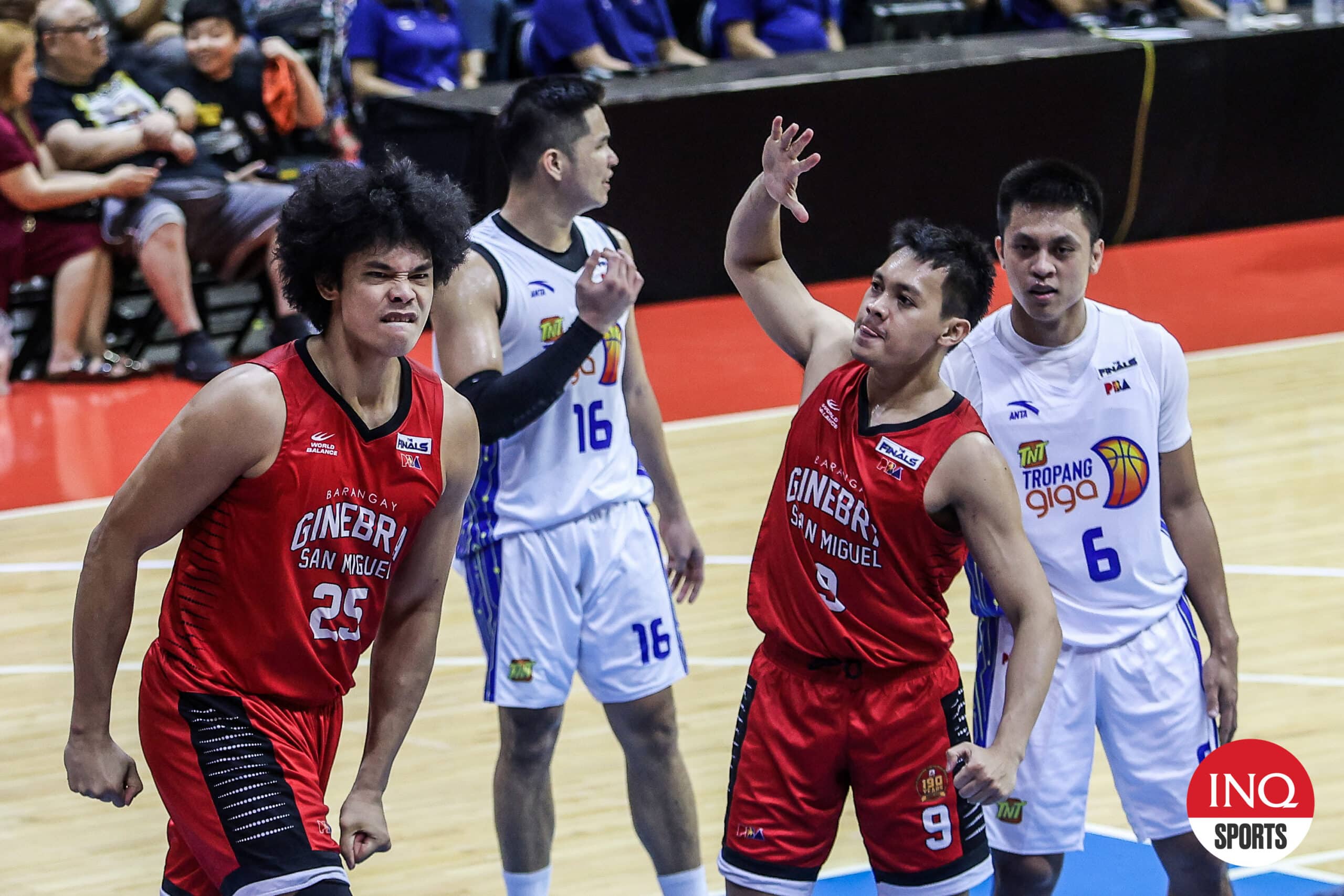 Barangay Ginebra Gin Kings' Japeth Aguilar and Scottie Thompson during the PBA Governors' Cup Finals Game 4 against TNT Tropang Giga PBA schedule scores