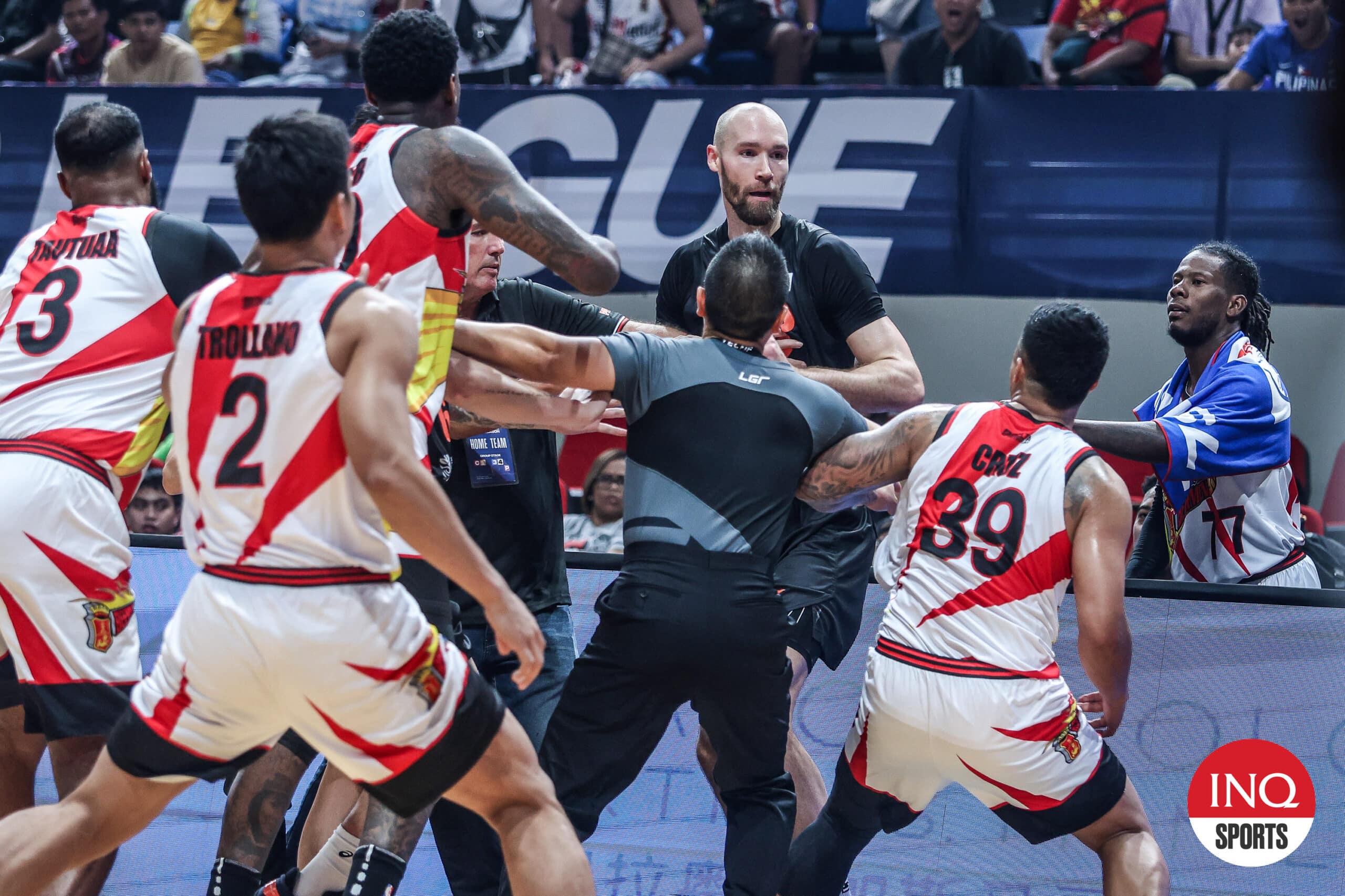 San Miguel Beermen's and Taiwan’s Taoyuan Pauian Pilots Alec Brown figure in a spat during a EASL game.