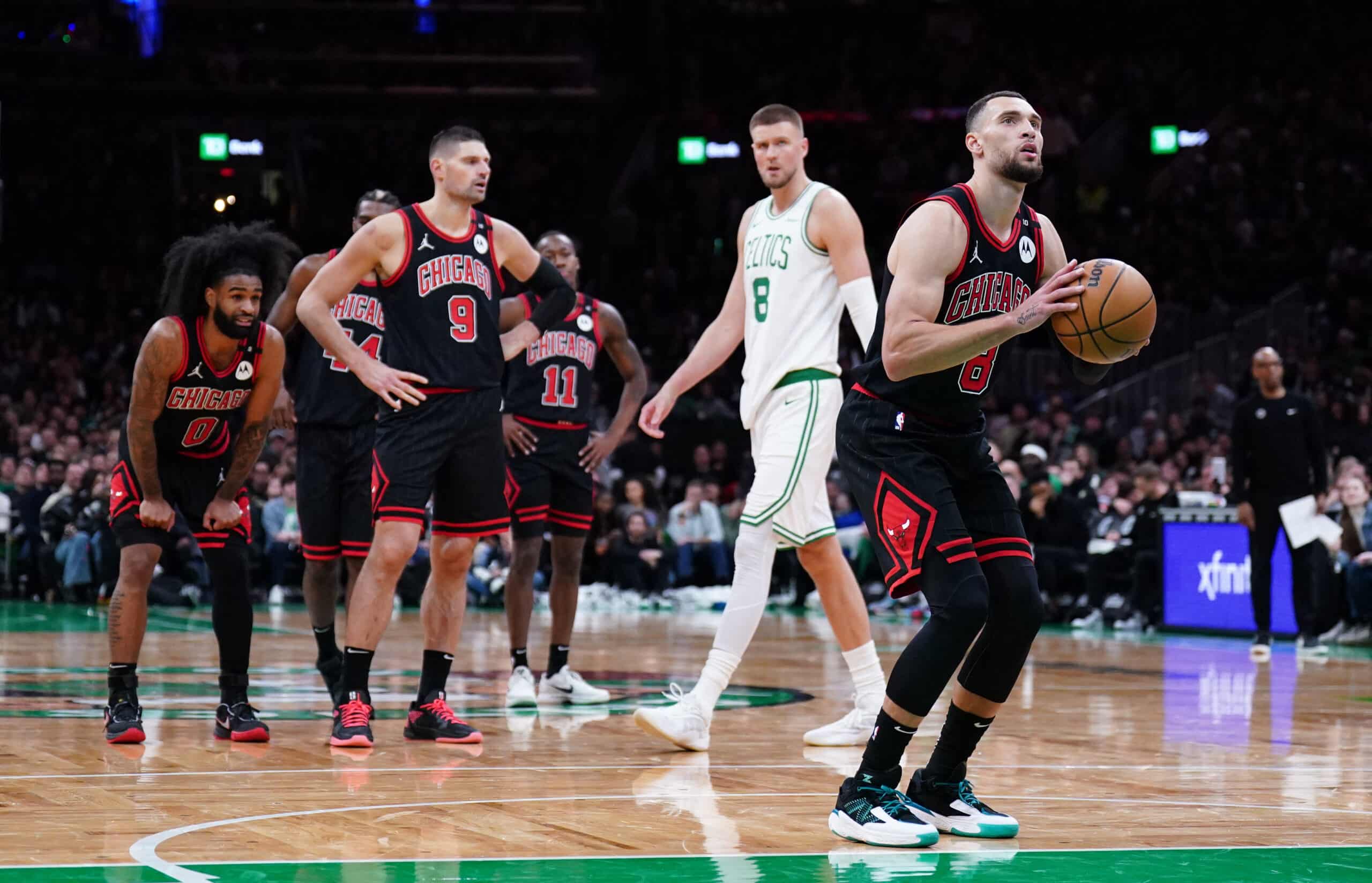 Chicago Bulls guard Zach LaVine (8) shoots a technical foul on the Boston Celtics in the second half of an NBA 