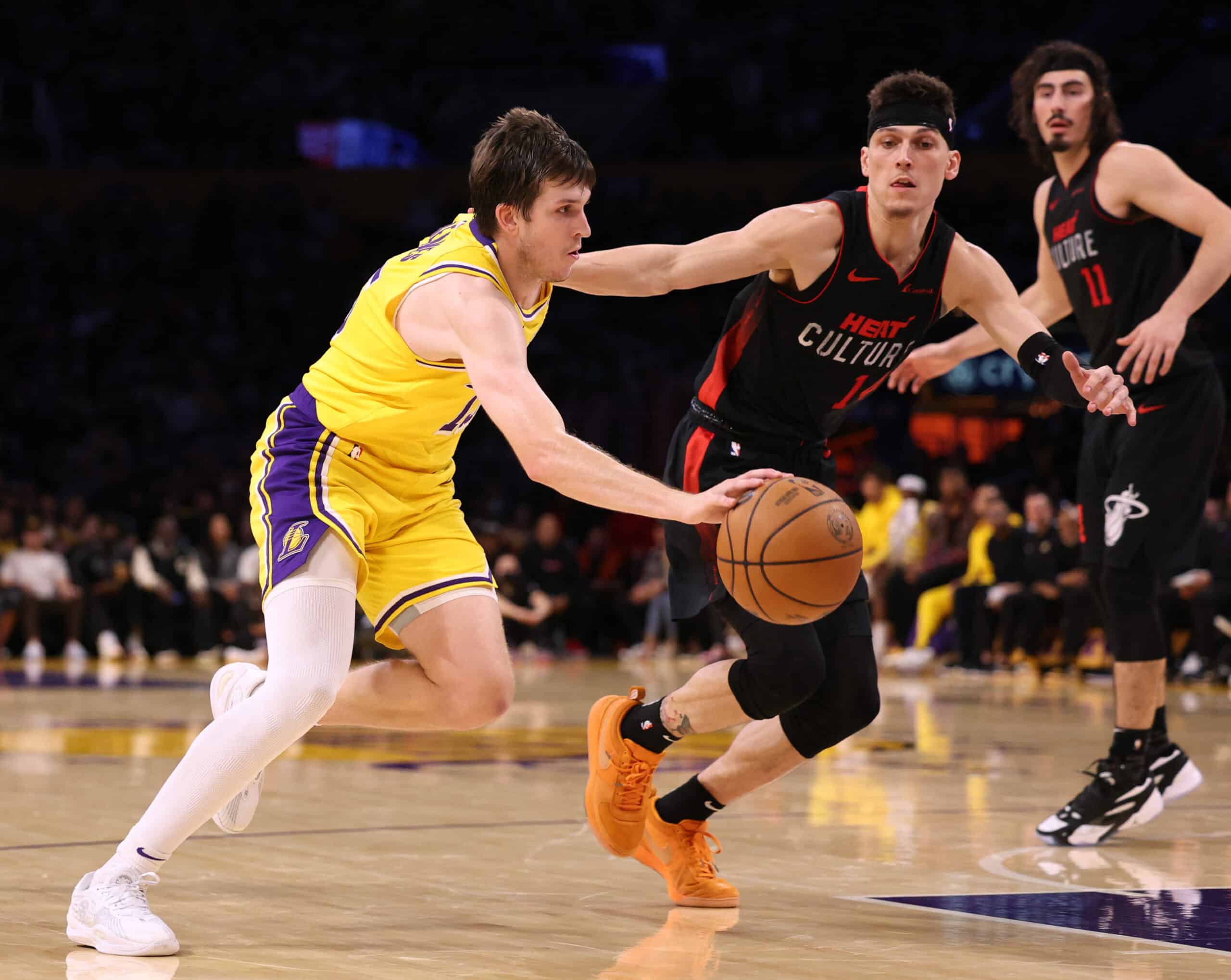 Austin Reaves #15 of the Los Angeles Lakers  NBA Lakers vs Heat