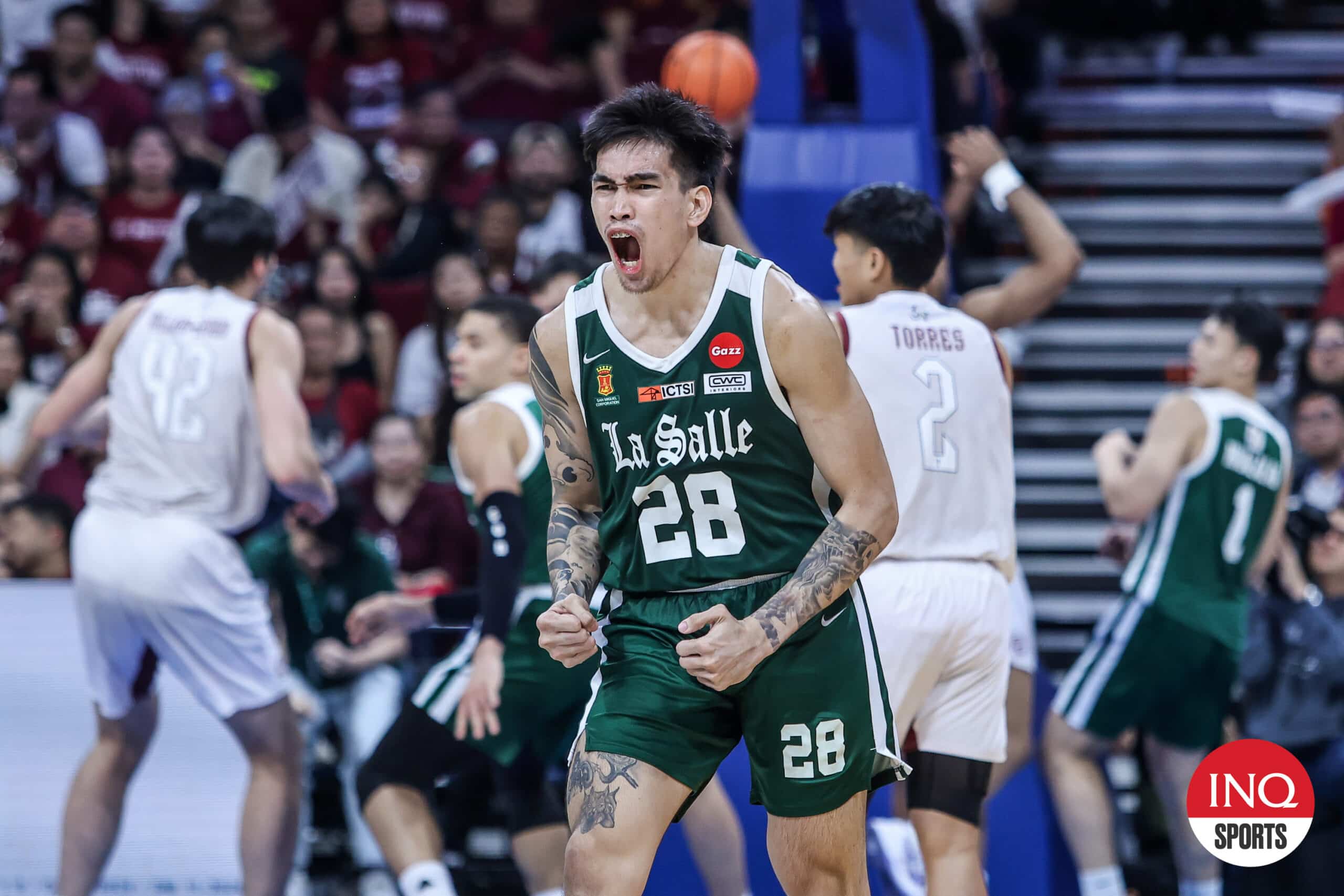 Kevin Quiambao reacts after a crucial play in Game 2 of the UAAP Season 87 men's basketball Finals against UP Fighting Maroons.