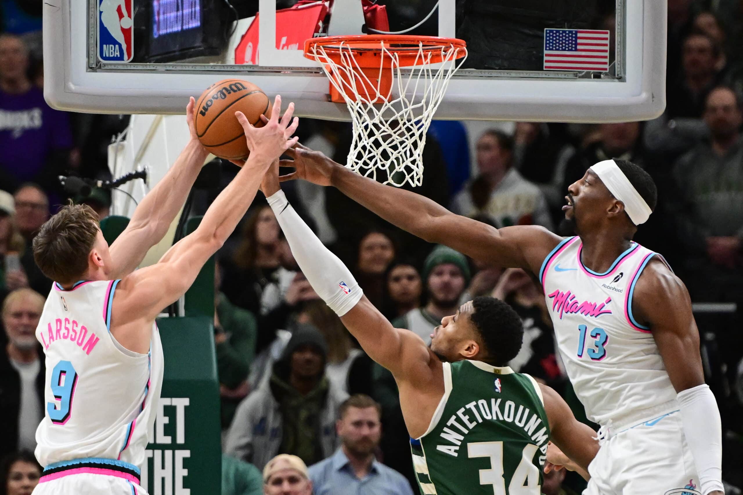 NBA Miami Heat vs  Milwaukee Bucks Pelle Larsson Bam Adebayo Giannis Antetokounmpo