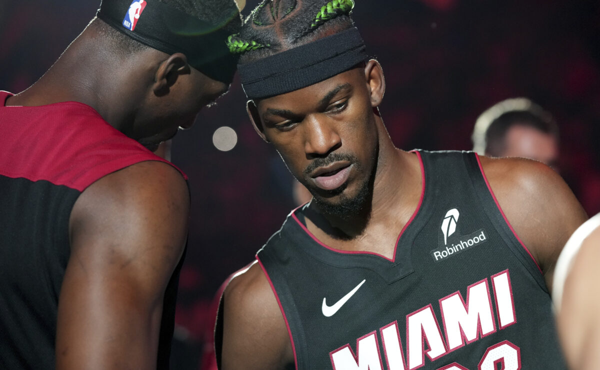 Miami Heat forward Jimmy Butler (22) and center Bam Adebayo, NBA suspension pat riley