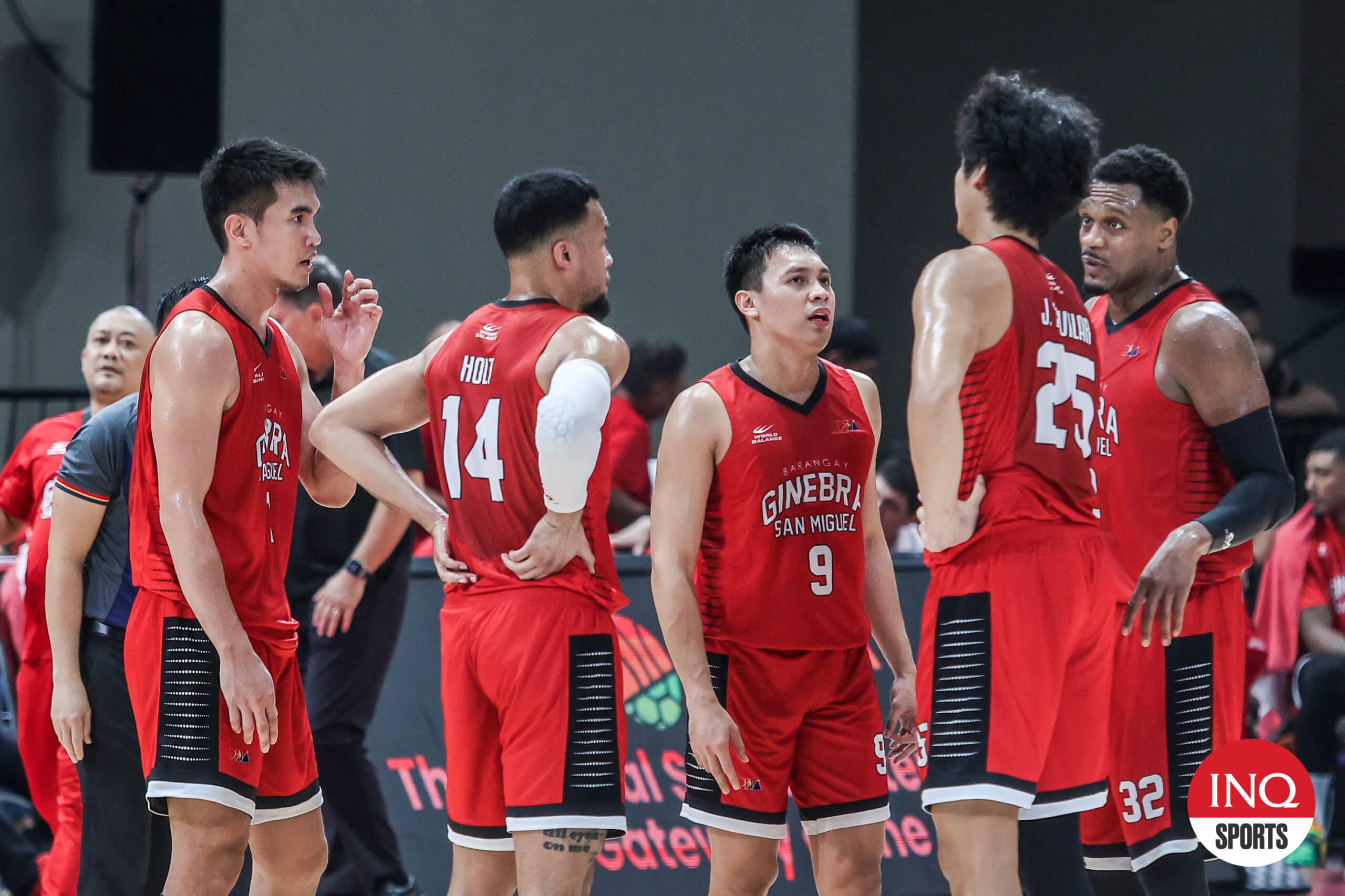 Players of Barangay Ginebra during a game against NorthPort Batang Pier in the PBA Commissioner's Cup.