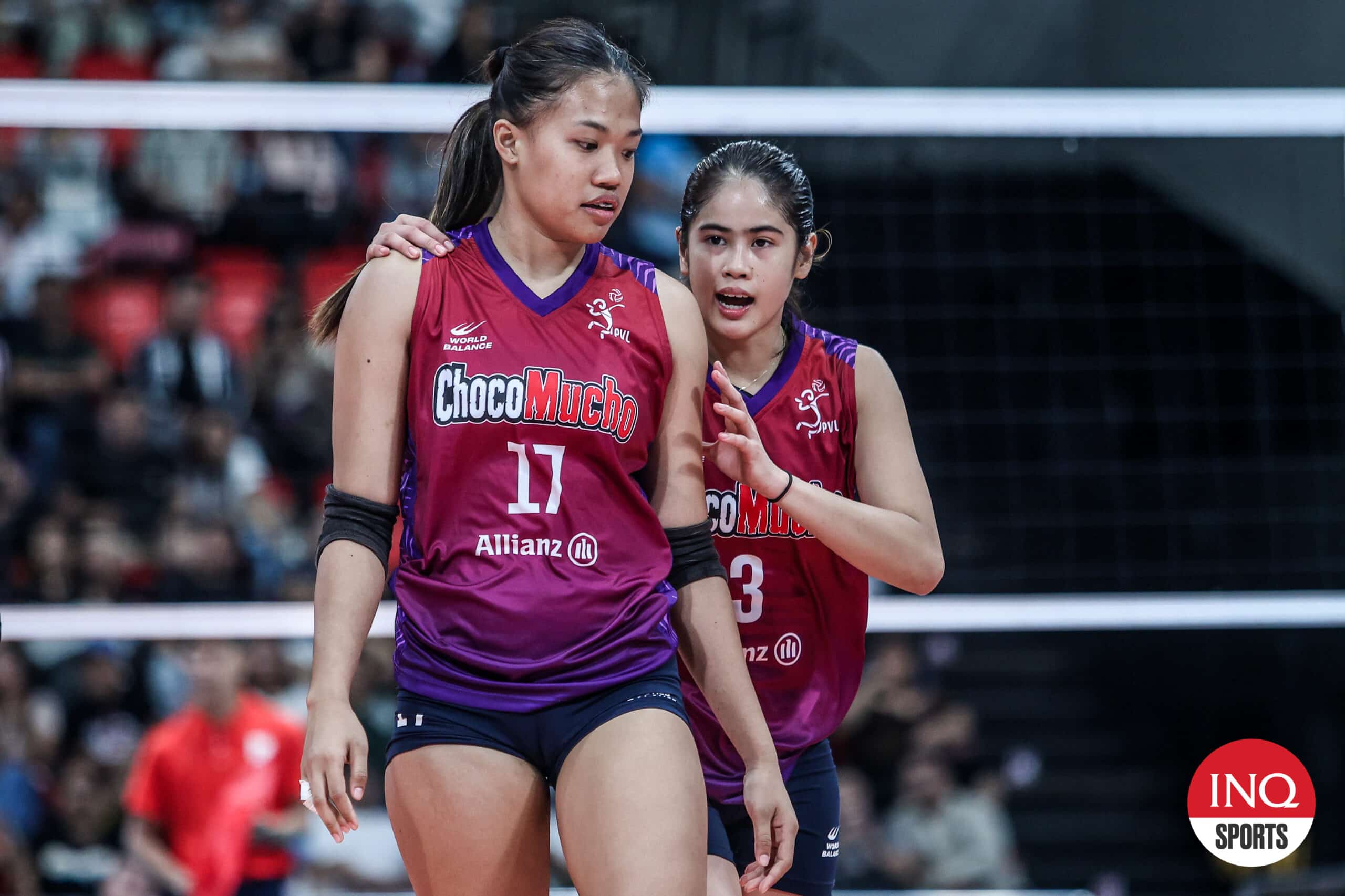 Choco Mucho Flying Titans' Lorraine Pecaña and Deanna Wong during a PVL All-Filipino Conference game.