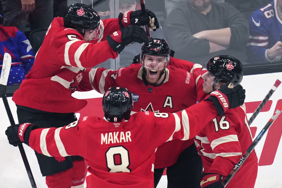 Canada's Connor McDavid (97) celebrates after his game-winning goal against the United States during an overtime period of the 4 Nations Face-Off championship hockey game, Thursday, Feb. 20, 2025, in Boston.