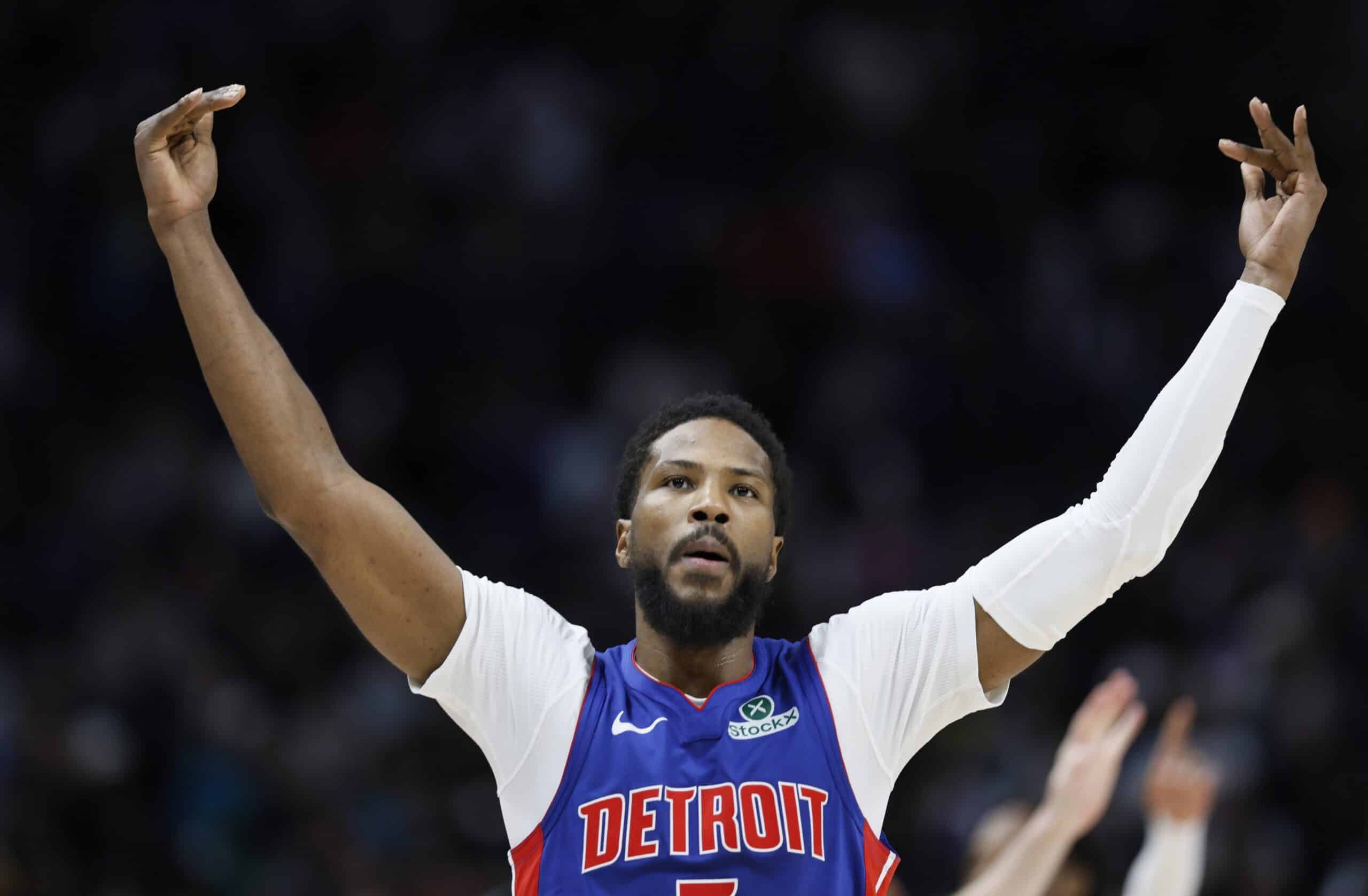 Detroit Pistons guard Malik Beasley celebrates during the second half of an NBA basketball game against the Boston Celtics Wednesday, Feb. 26, 2025, in Detroit. 