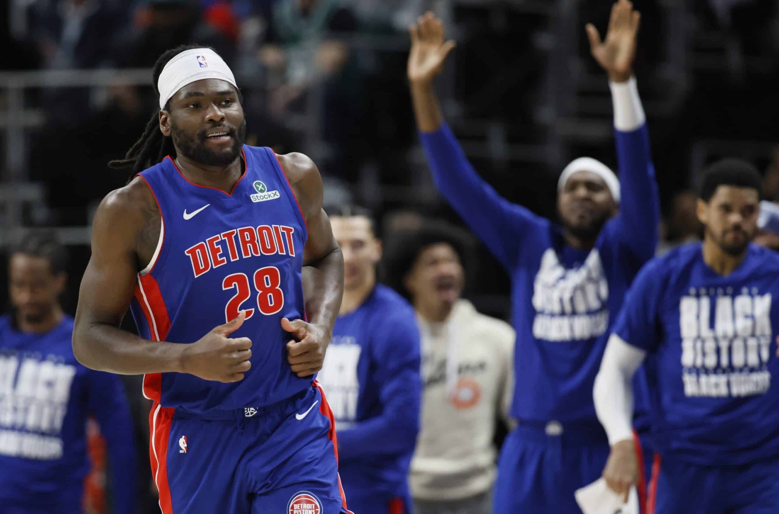 Detroit Pistons center Isaiah Stewart (28) during the first half of an NBA basketball game against the Boston Celtics Wednesday, Feb. 26, 2025, in Detroit.