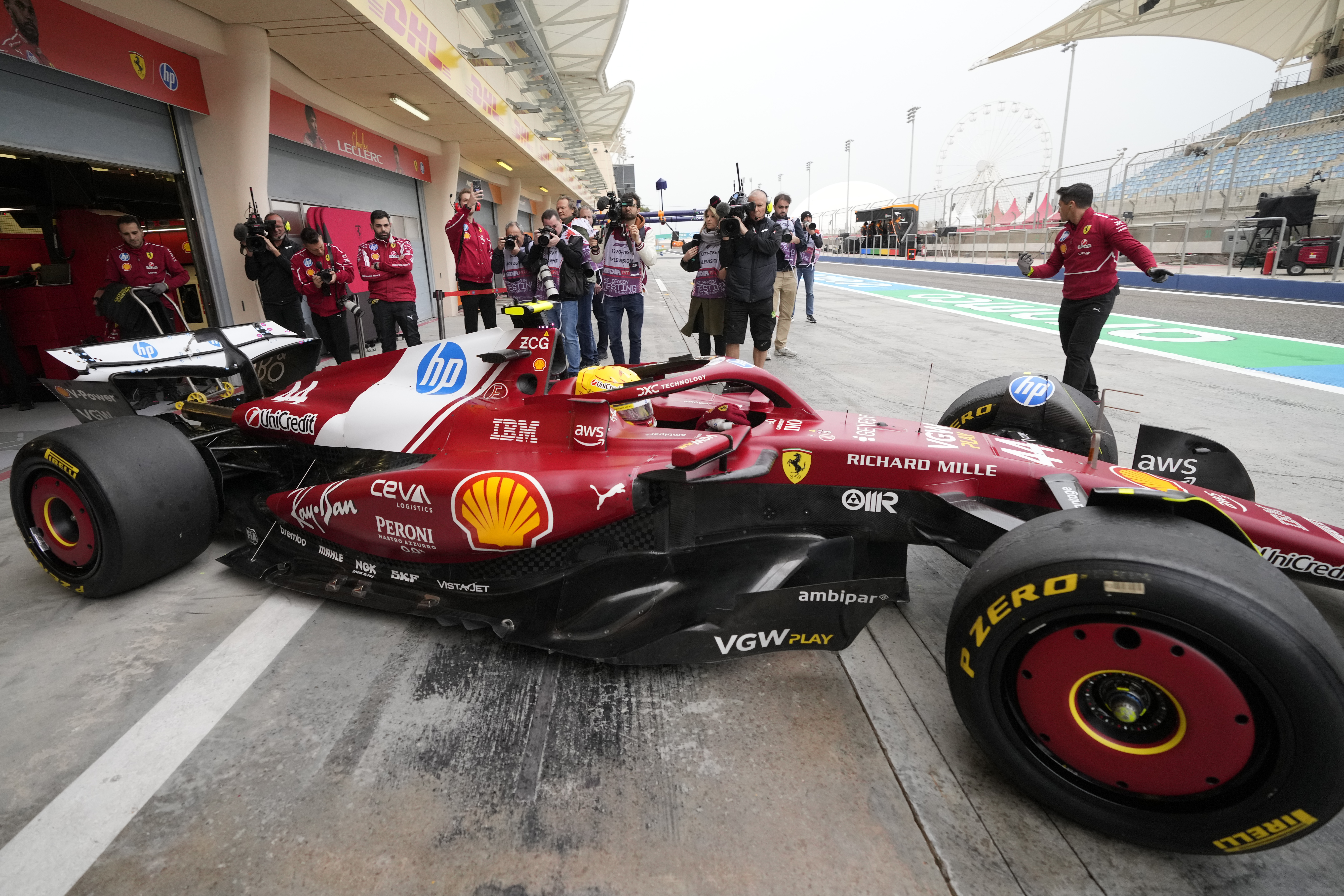 Ferrari driver Lewis Hamilton of Britain leaves the pit lane during a Formula One pre-season test at the Bahrain International Circuit in Sakhir, Bahrain, Thursday, Feb. 27, 2025 F1