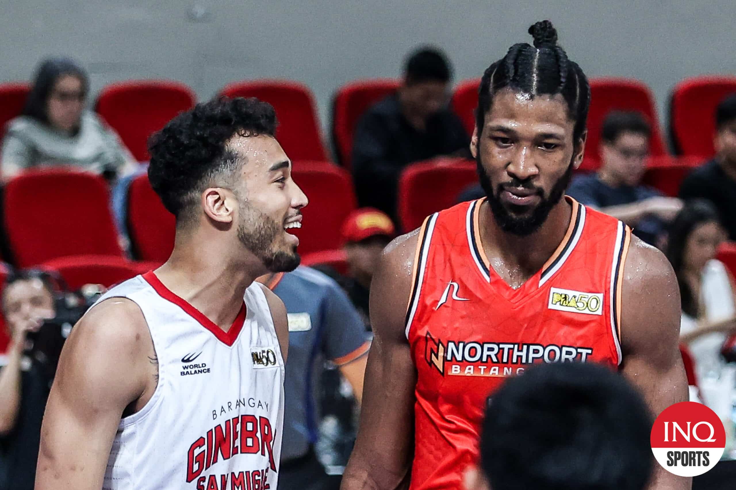 Barangay Ginebra Gin Kings' Jeremiah Gray and NorthPort Batang Pier import Kadeem Jack in Game 2 of the PBA Commissioner's Cup semifinals.