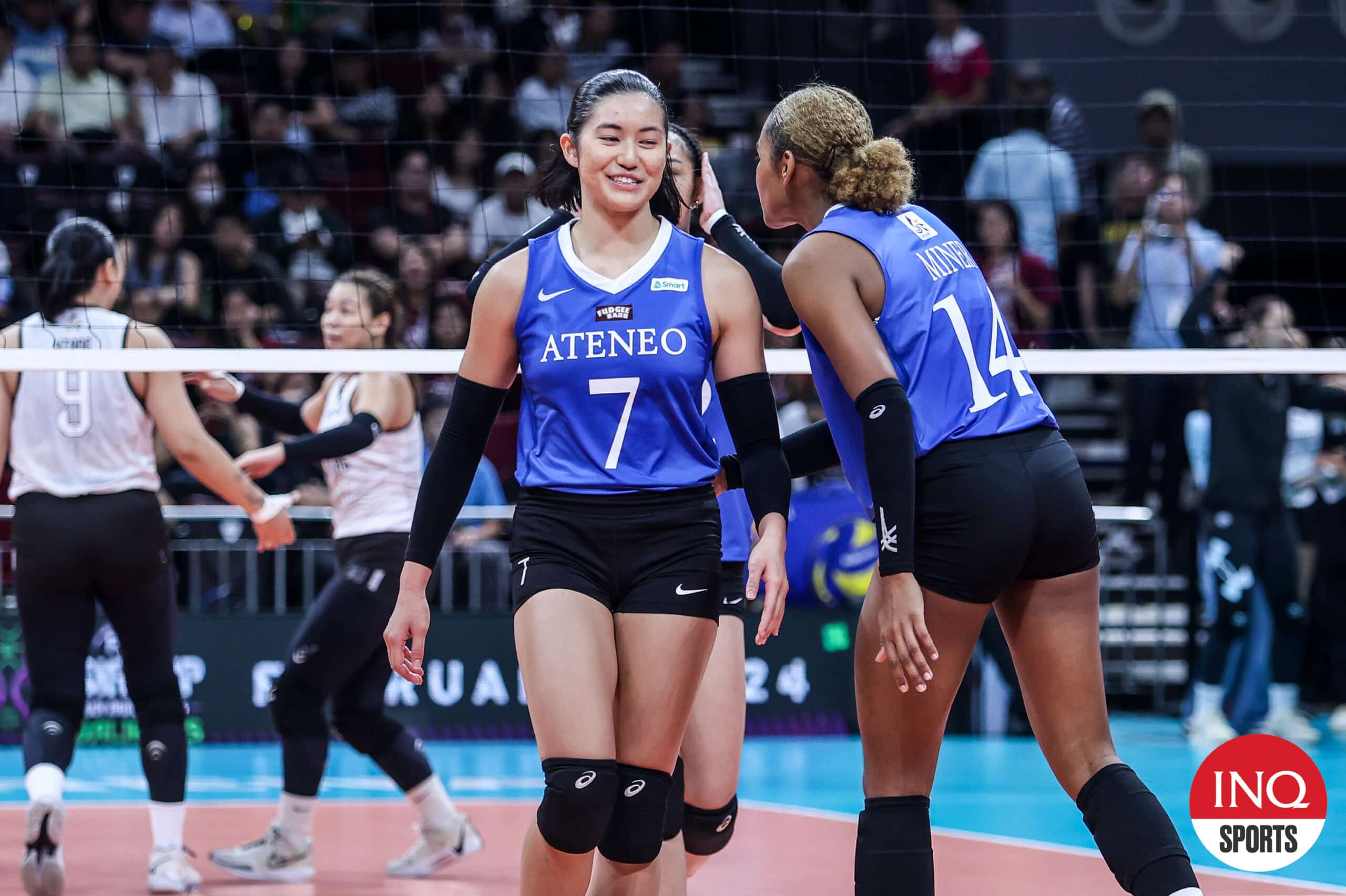 Sobe Buena of Ateneo Blue Eagles in a match against Up Fighting Maroons in the women's volleyball tournament of the UAAP season 87