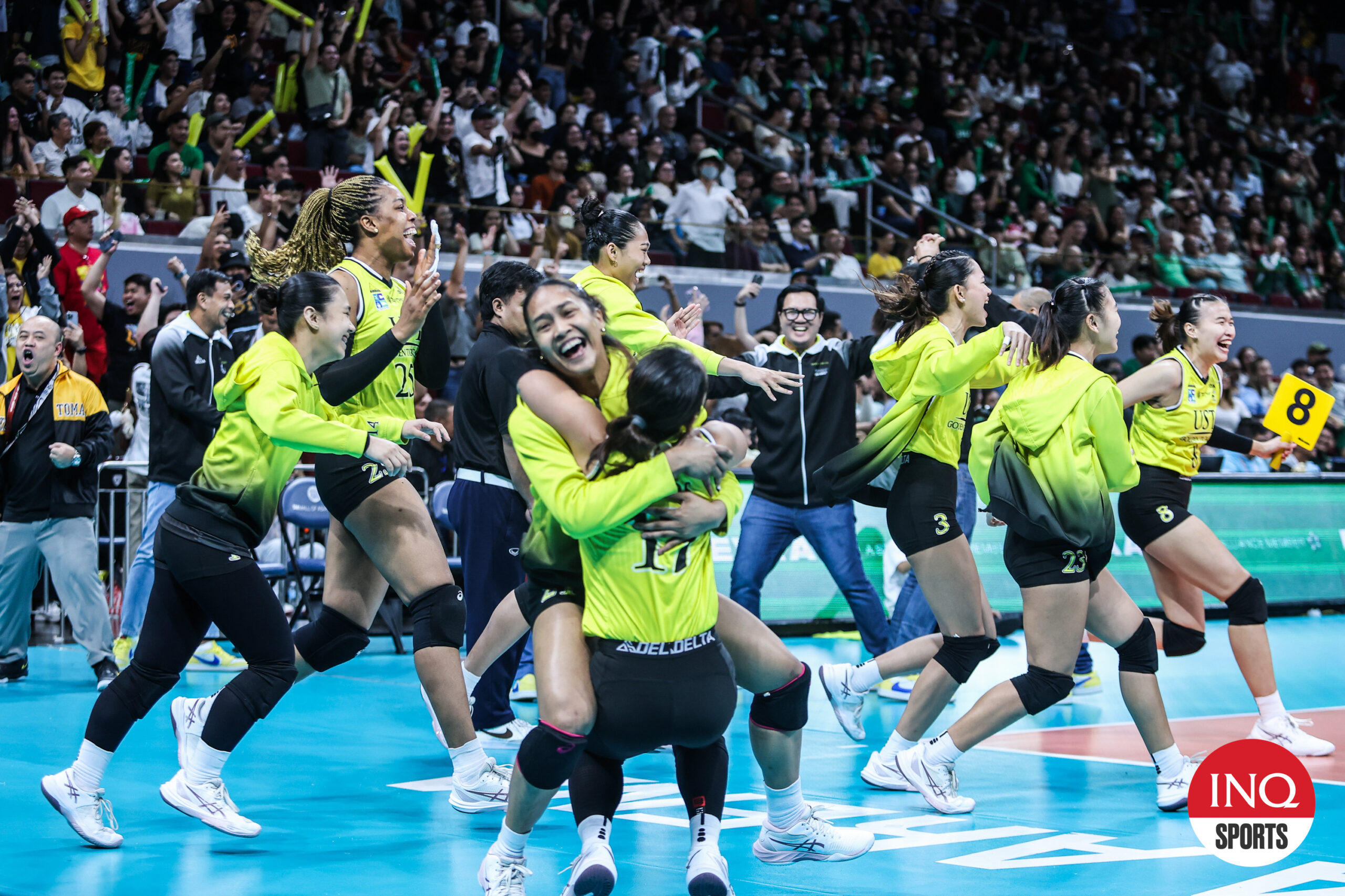 UST Golden Tigresses celebrate win over La Salle Lady Spikers in the UAAP Season 87 women's volleyball tournament.