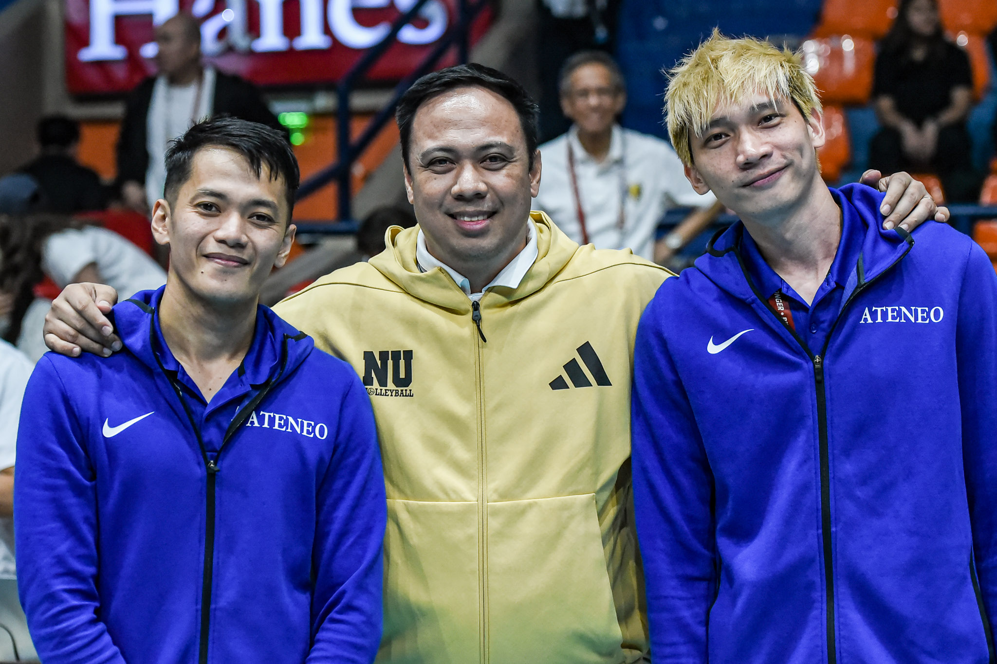 NU coach Dante Alinsunurin with ex-players Vince Mangulabnan and Peter Torres