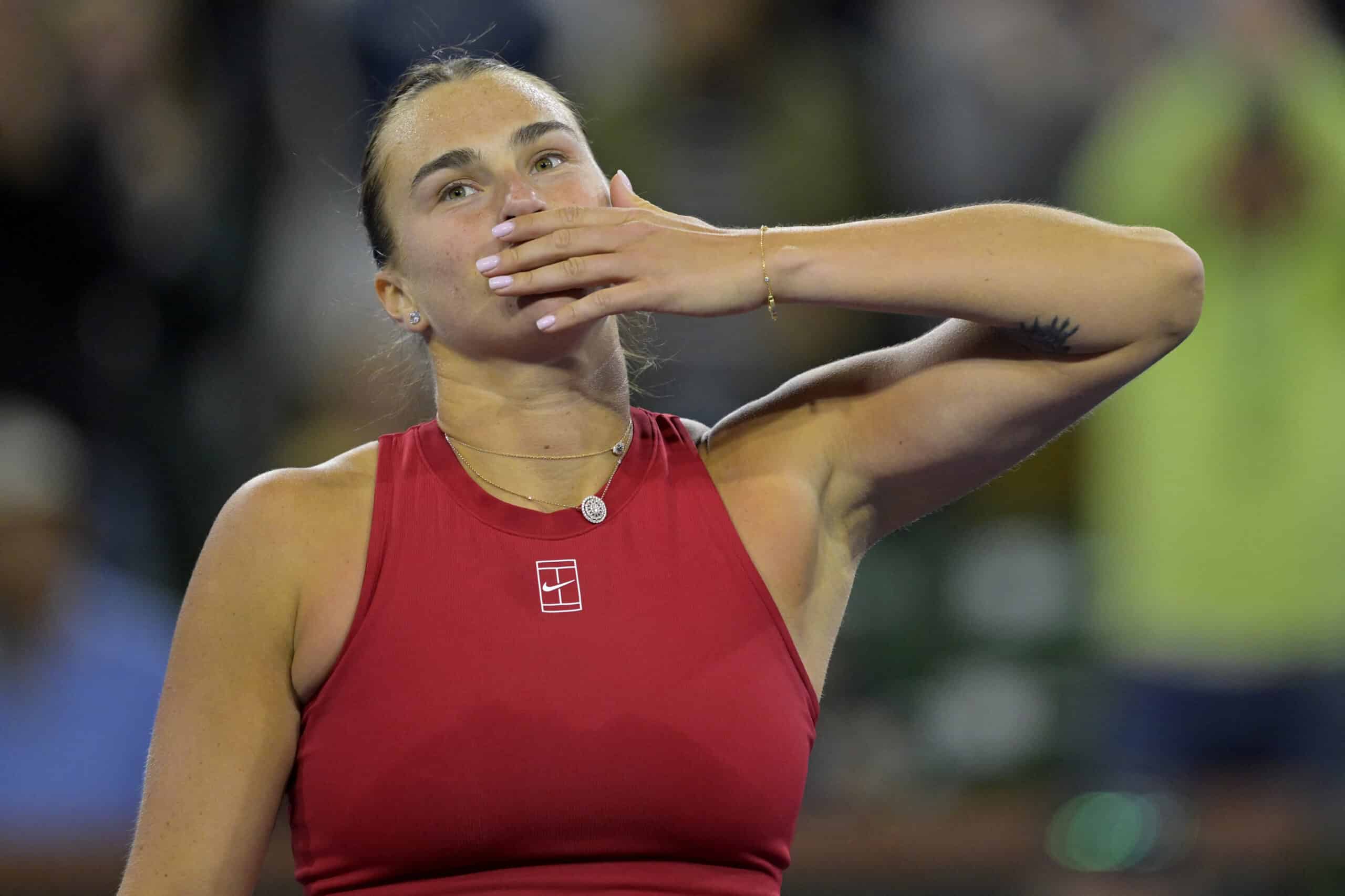 Mar 8, 2025; Indian Wells, CA, USA;  Aryna Sabalenka (BEL) reacts after she defeated  McCartney Kessler (not pictured) during the second round of the BNP Paribas Open at the Indian Well Tennis Garden.