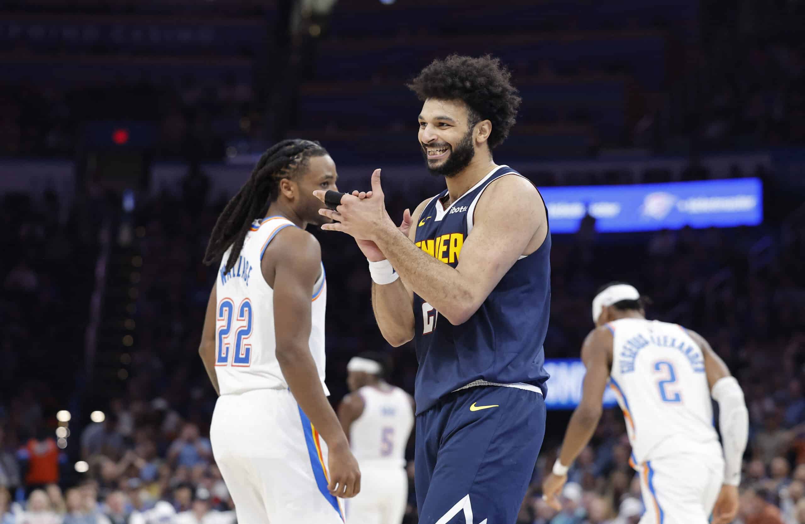 Mar 10, 2025; Oklahoma City, Oklahoma, USA; Denver Nuggets guard Jamal Murray (27) reacts after a play against the Oklahoma City Thunder during the second half at Paycom Center.