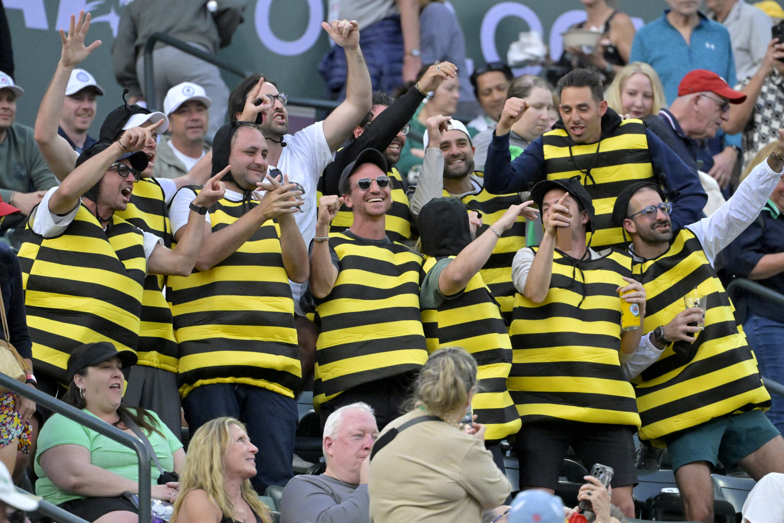 Mar 10, 2025; Indian Wells, CA, USA;  A group of fans wear bee costumes in reference to the 2024 match between Carlos Alcaraz and Alexander Zevrev when a swarm of bees forced a delay of play in the BNP Paribas Open at the Indian Well Tennis Garden. 