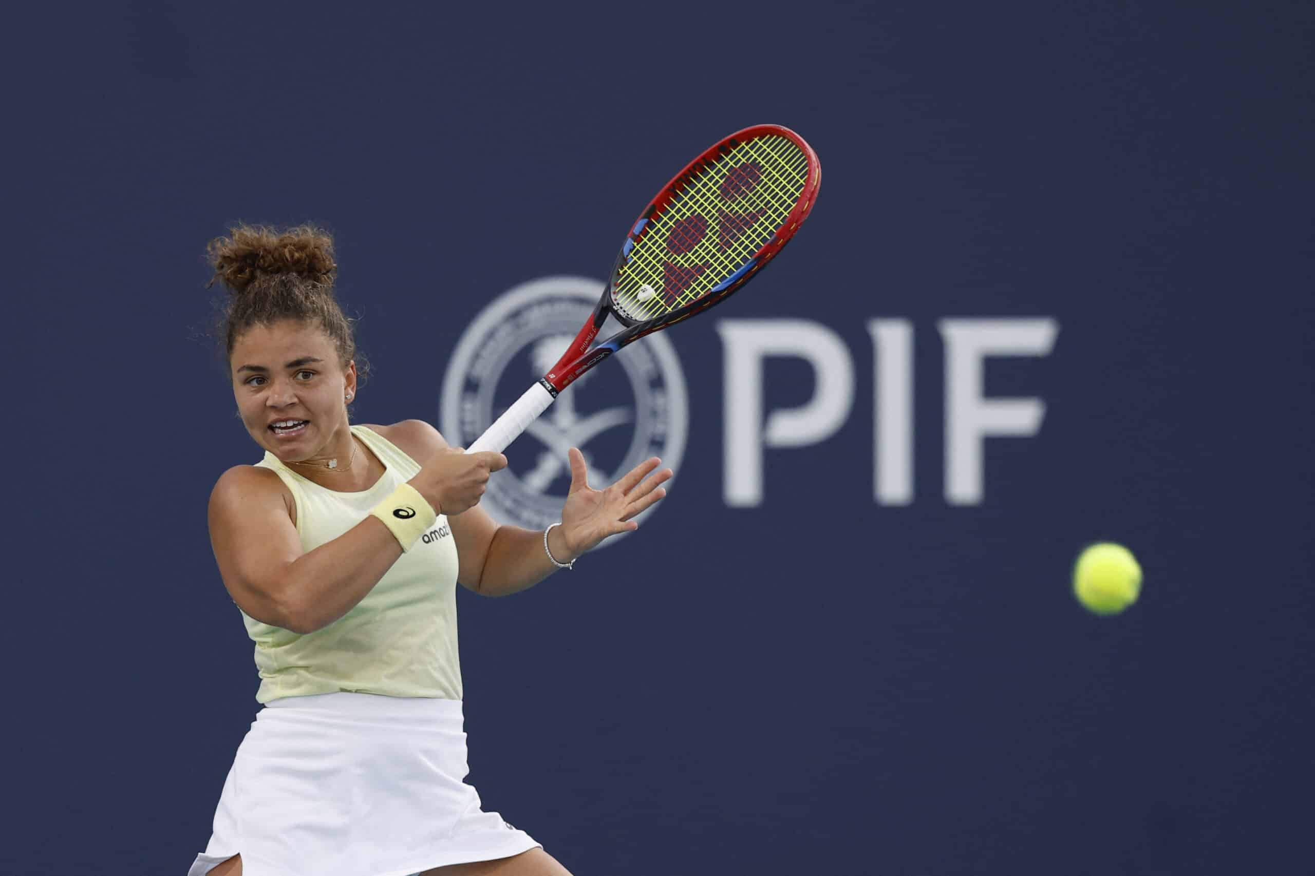 Mar 25, 2025; Miami, FL, USA; Jasmine Paolini (ITA) hits a forehand against Magda Linette (POL)(not pictured) on day eight of the Miami Open at Hard Rock Stadium
