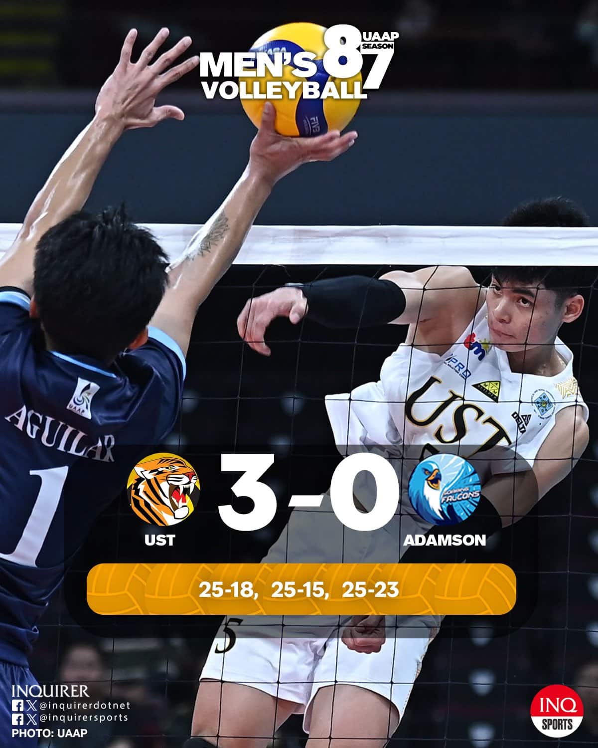 Final: UST gana el tercero consecutivo después de barrer a Adamson, 25-18, 25-15, 25-23, en la temporada 87 de Voleibol Men.