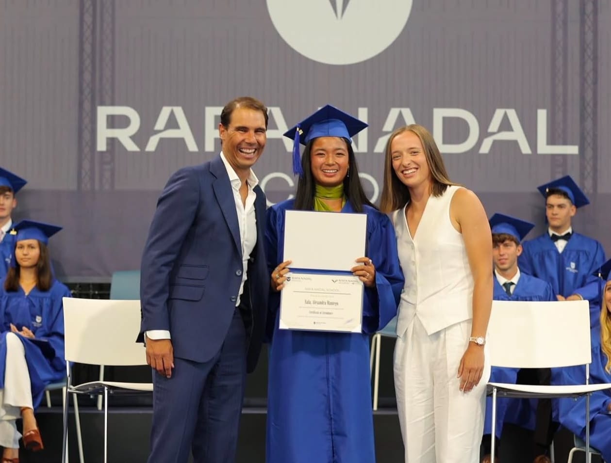 Tennis legend Rafael Nadal, Alex Eala and Iga Swiatek in a group photo during Rafael Nadal Academy graduation in 2022.
