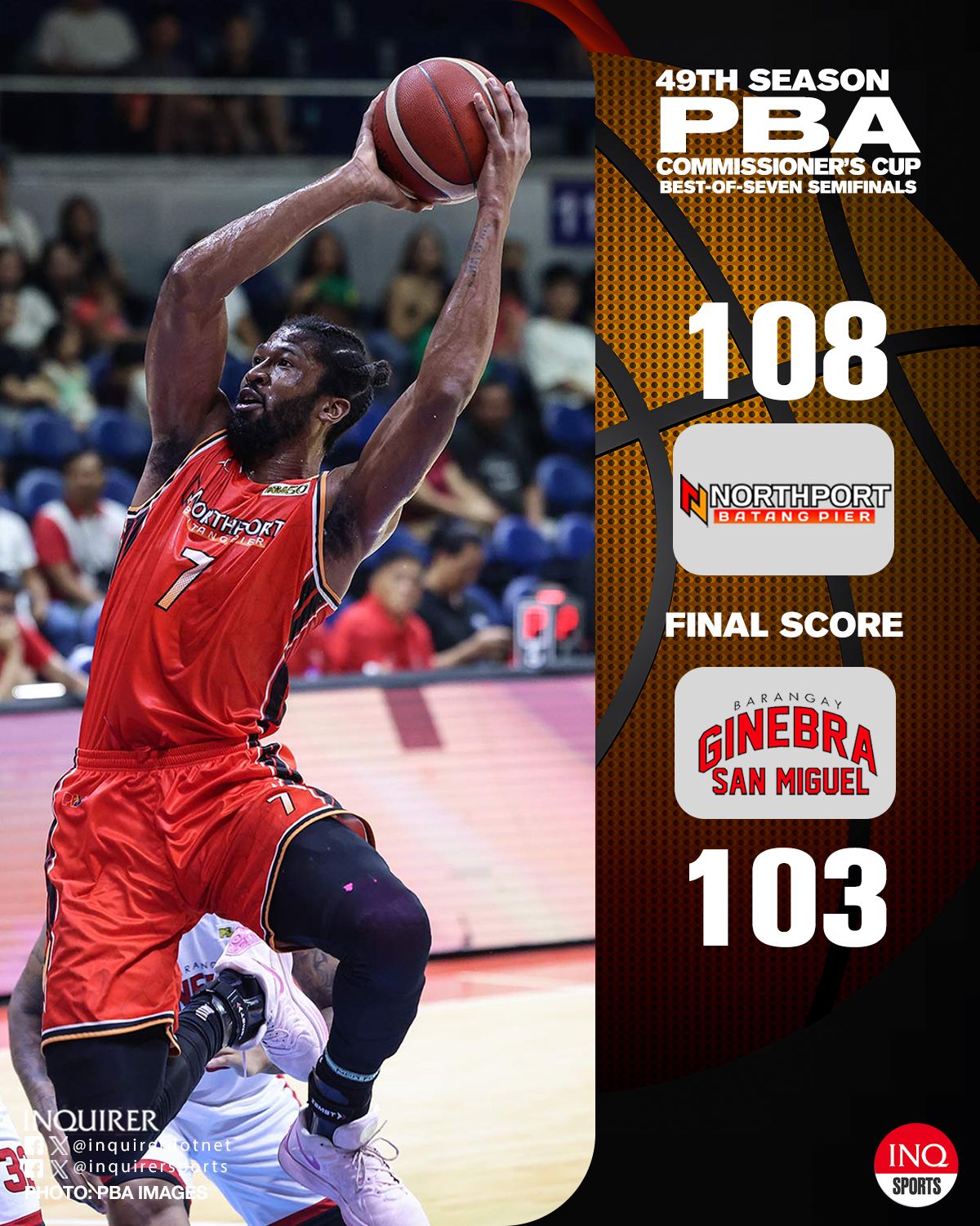 Nanatiling buhay ang Northport matapos talunin ang Barangay Ginebra, 108-103. Pinangunahan pa rin ni Ginebra ang PBA Commissioner's Cup Semifinals, 3-1