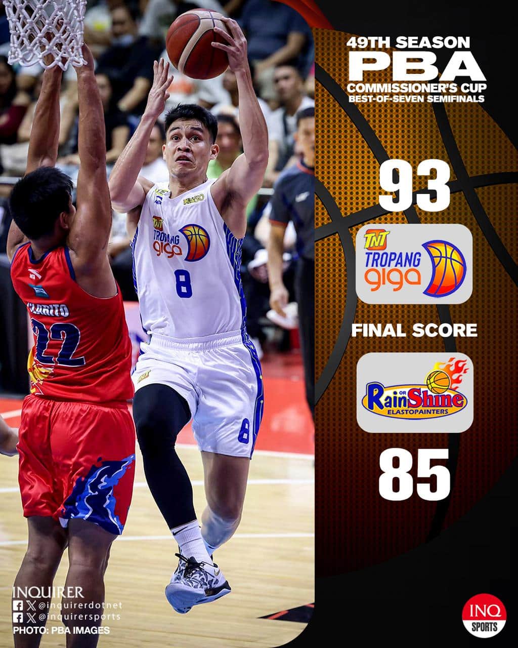 Ang TNT ay nakakakuha ng 3-1 lead over rain o lumiwanag sa PBA Commissioner's Cup Semifinals na may 93-85 na panalo