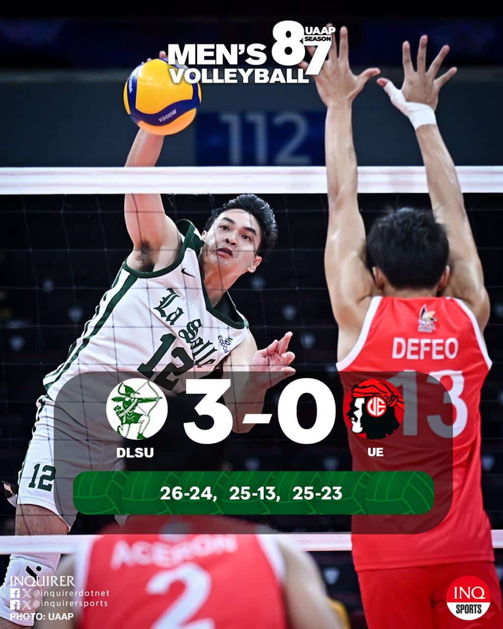 FINAL: La Salle (3-2) beats the winless UE (0-6), 26-24, 25-13, 25-23, in the UAAP Season 87 men's volleyball.