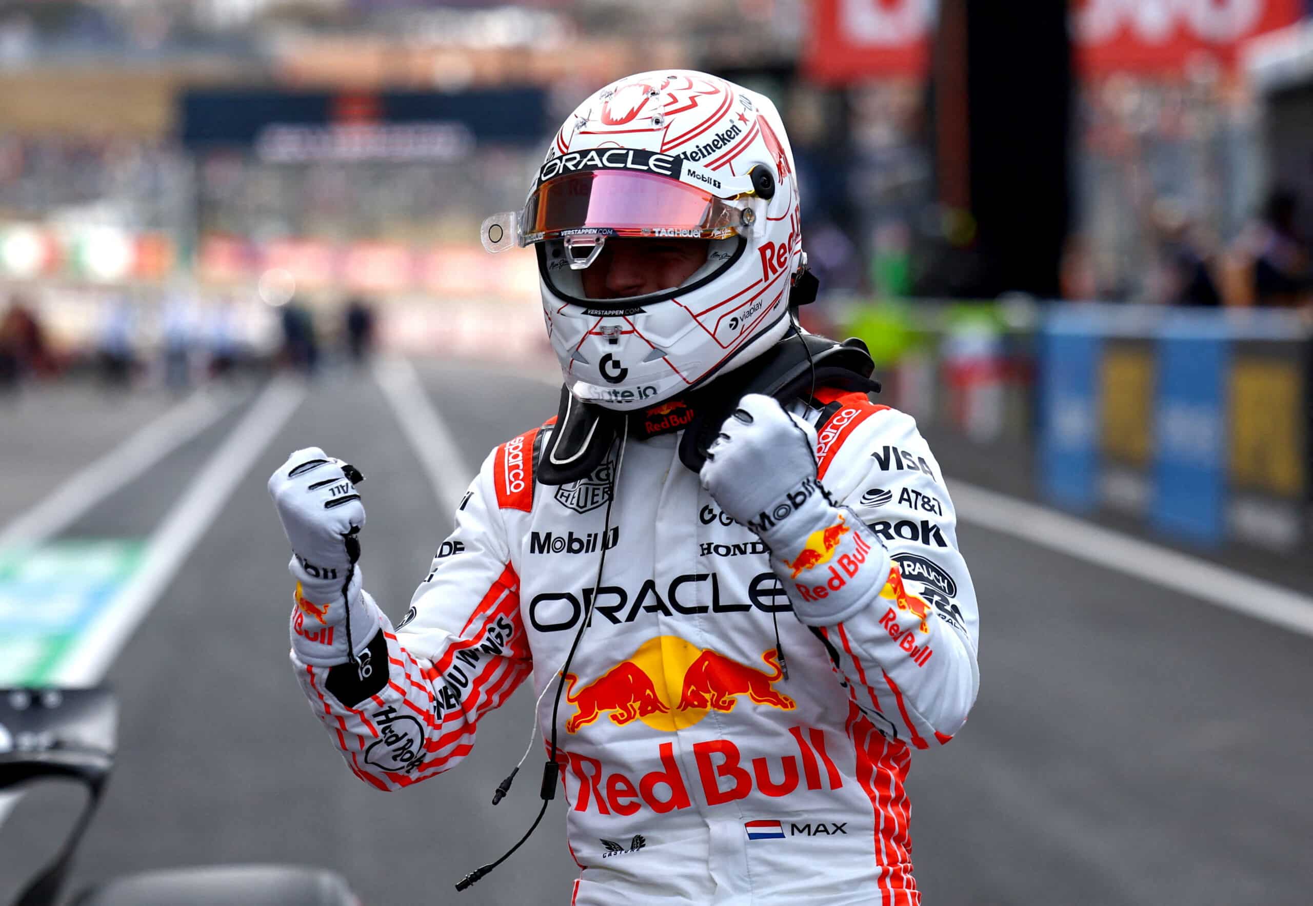 Formula One F1 - Japan's Grand Prix - Suzuka Circuit, Suzuka, Japan - April 5, 2025, Red Bull's Max Verstappen celebrates after qualifying in pole position