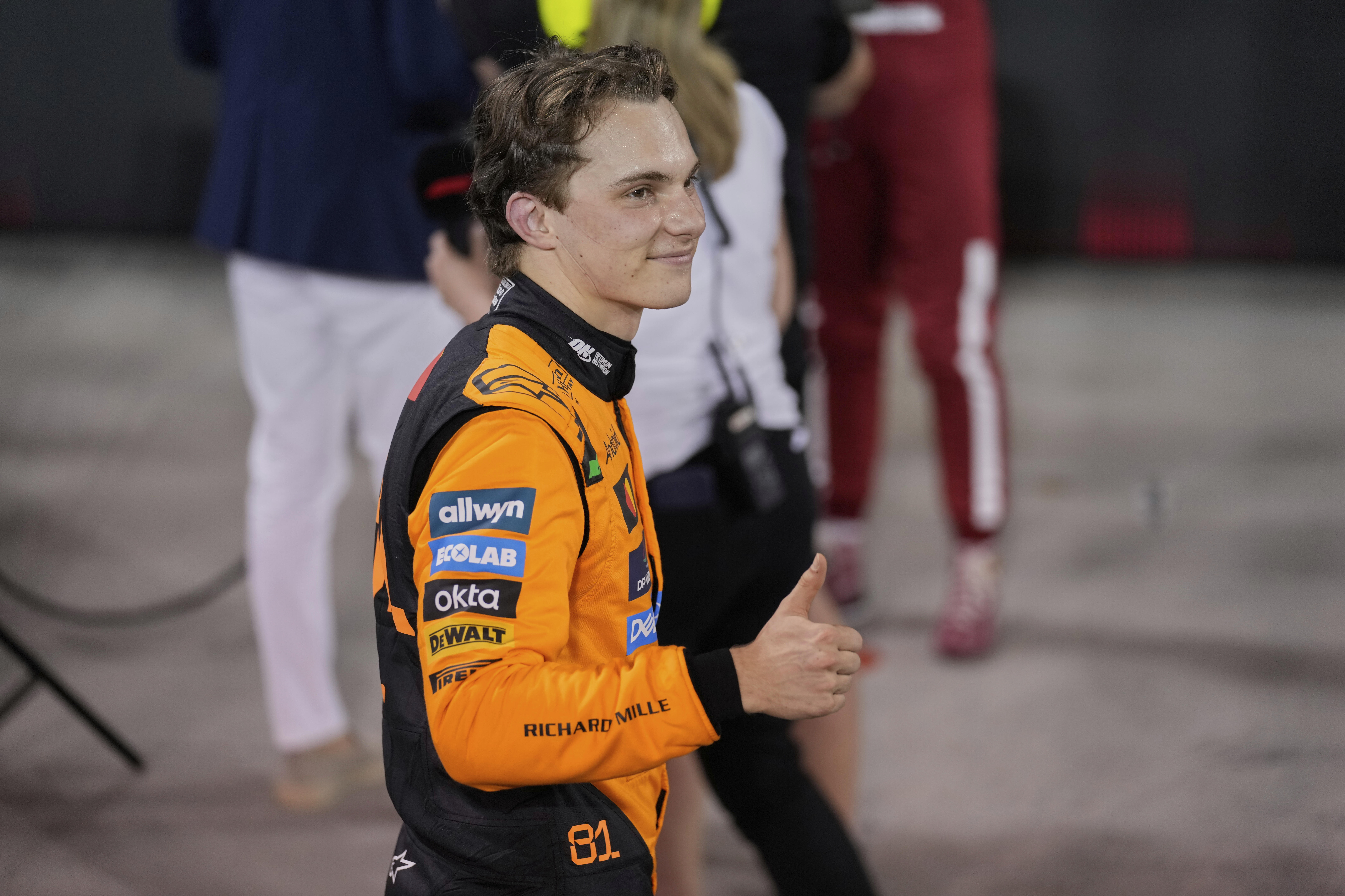 McLaren driver Oscar Piastri of Australia reacts after winning the pole position during the qualifying for the Formula One F1 2025 Bahrain Grand Prix