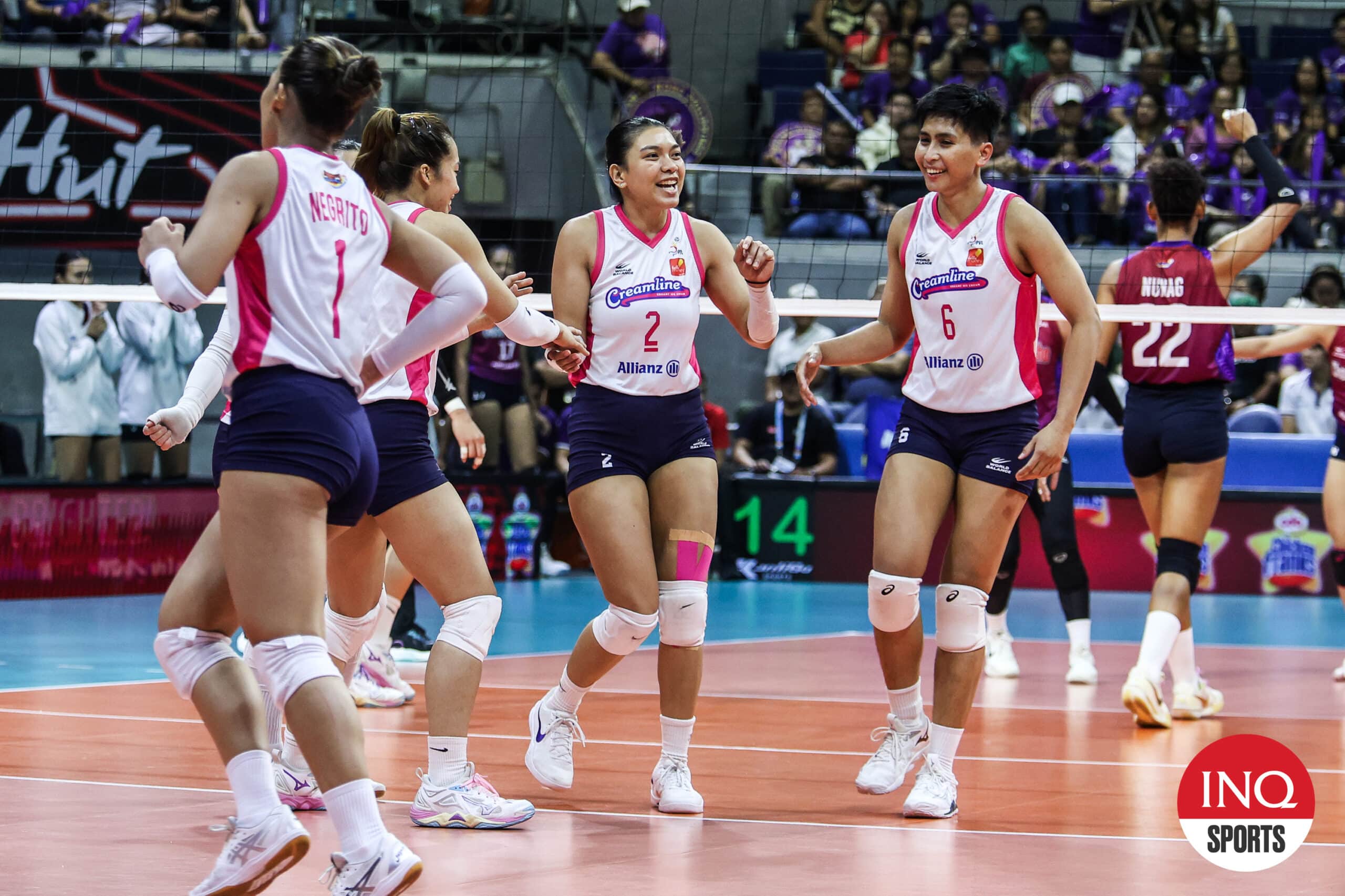Creamline Cool Smashers celebrate a point during the PVL All-Filipino Conference semifinals against Choco Mucho Flying Titans