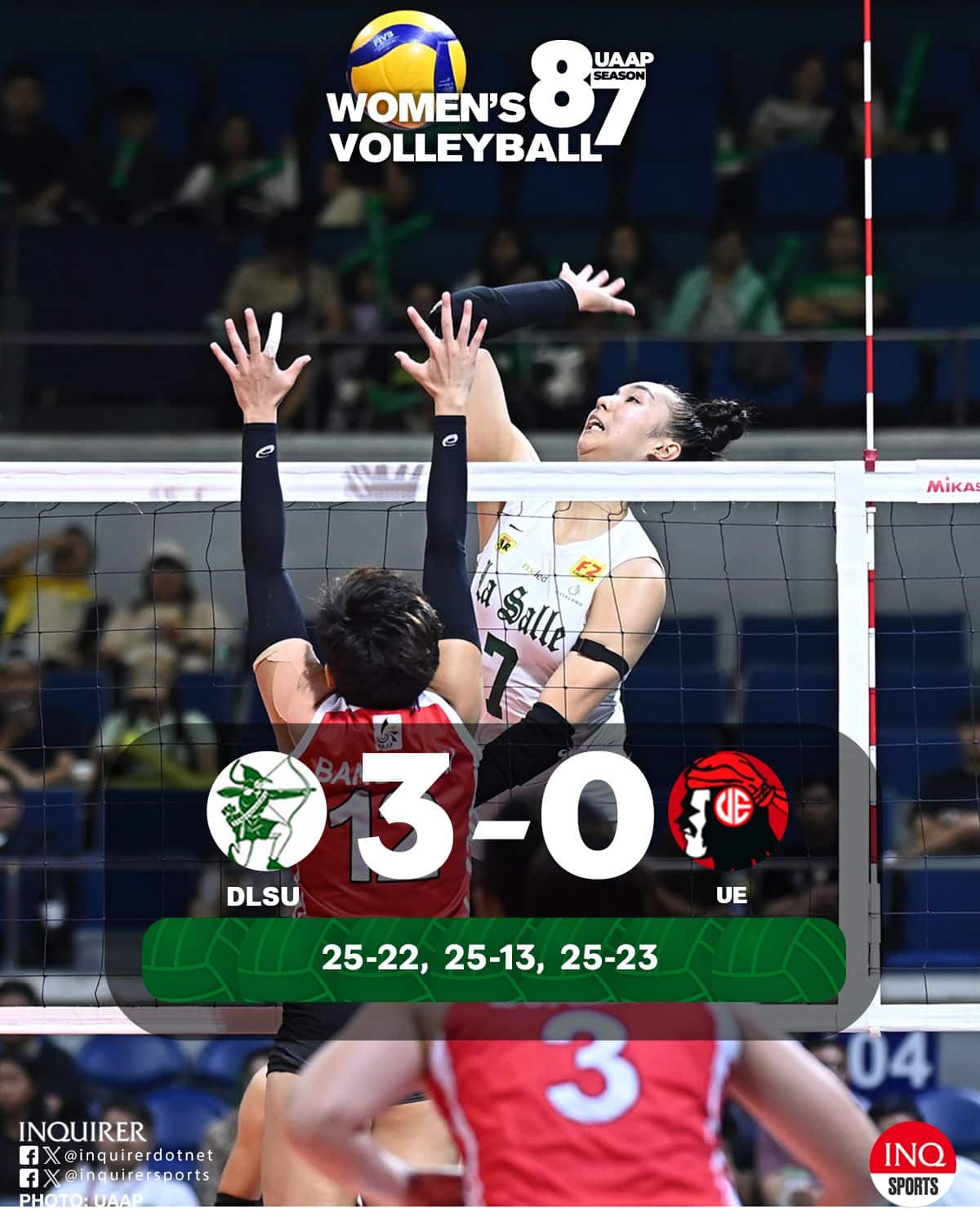 FINAL: La Salle (8-3) keeps UE (0-11) winless in UAAP Season 87 women’s volleyball action, 25-22, 25-13, 25-23