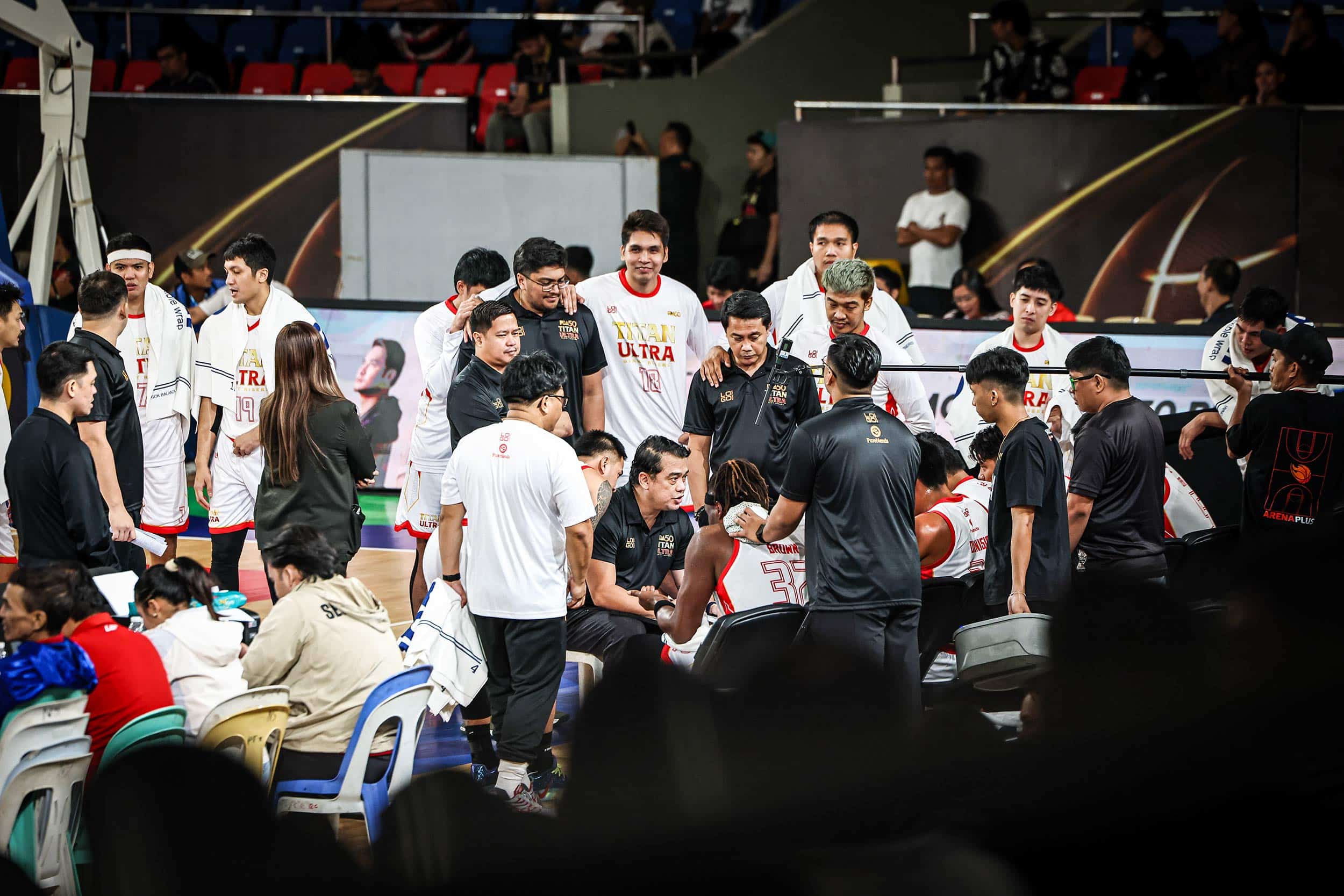 Titan Ultra Giant Risers in a huddle during a game in the 2026 PBA Governors' Cup.