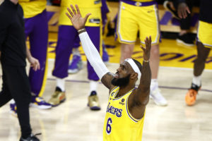 LeBron James #6 of the Los Angeles Lakers scores to pass Kareem Abdul-Jabbar to become the NBA's all-time leading scorer, surpassing Abdul-Jabbar's career total of 38,387 points against the Oklahoma City Thunder at Crypto.com Arena on February 7, 2023 in Los Angeles. - February 7, 2023, LeBron James finally eclipsed Kareem Abdul-Jabbar as the most prolific scorer in NBA history on Tuesday, breaking a 39-year record that many throughout basketball believed would never be beaten.