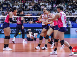 Creamline Cool Smashers celebrate a point against the Choco Mucho Flying Titans in the PVL All-Filipino Conference