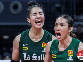 La Salle Lady Spikers' Shevana Laput and Julia Coronel in the UAAP Season 86 women's volleyball tournament