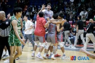 Lyceum Pirates celebrate their return to the Final Four after beating St. Benilde Blazers in the NCAA Season 100 men's basketball tournament.