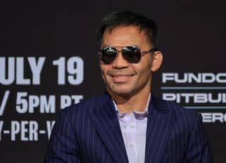 Manny Pacquiao attends a news conference at MGM Grand Hotel & Casino on July 16, 2025 in Las Vegas, Nevada. Pacquiao, who announced he was coming out of retirement nearly four years after his last fight, is scheduled to challenge WBC welterweight champion Mario Barrios for his title on July 19 at MGM Grand Garden Arena.